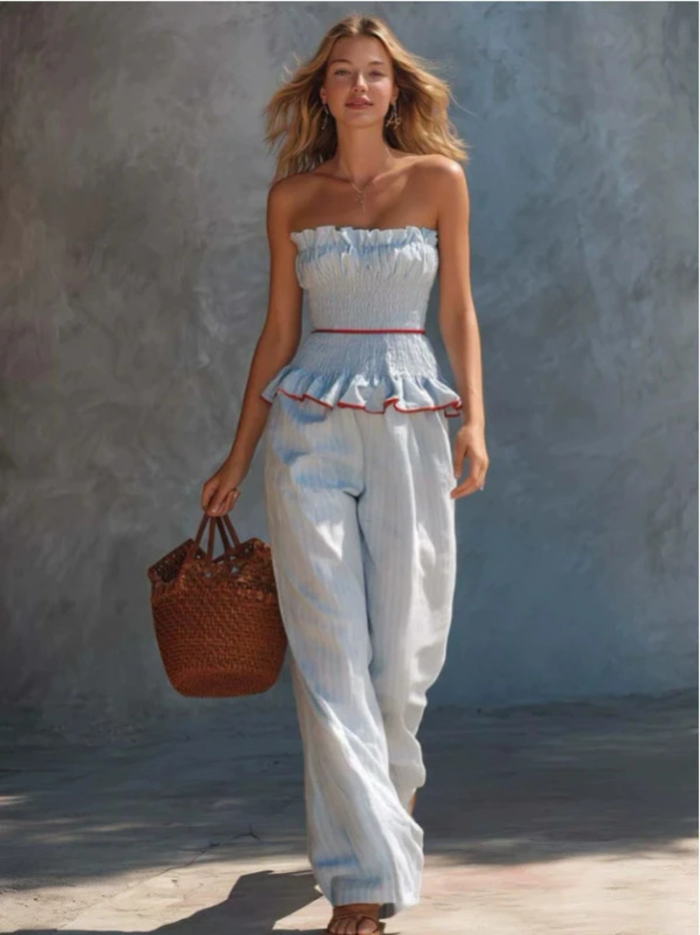 Coastal Resort Light Blue Striped Strapless Top and Pants Set